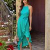 Clothing * | Flaw-001 Sunlit Soiree Satin High Low Ruffle Maxi Dress Green Mint Final Sale