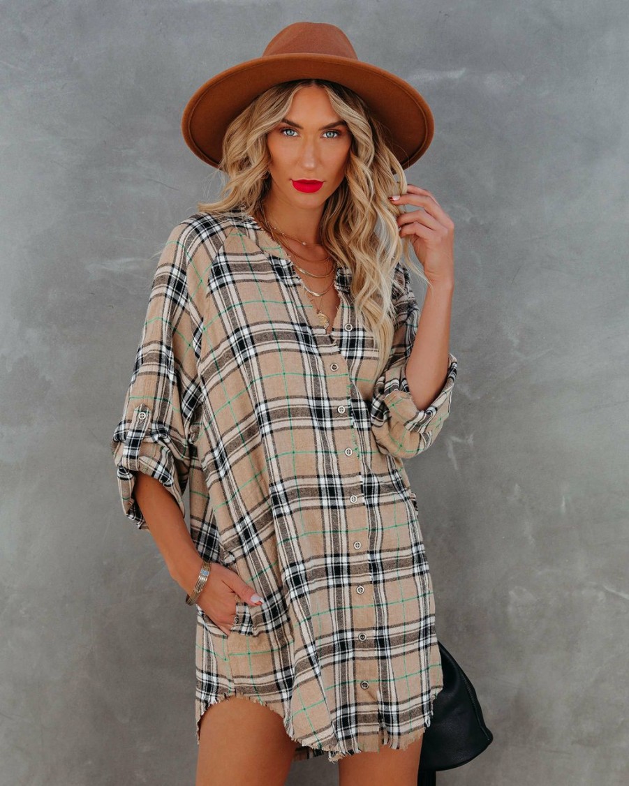 Clothing * | Aaka-001 Tucker Cotton Blend Pocketed Plaid Button Down Tunic