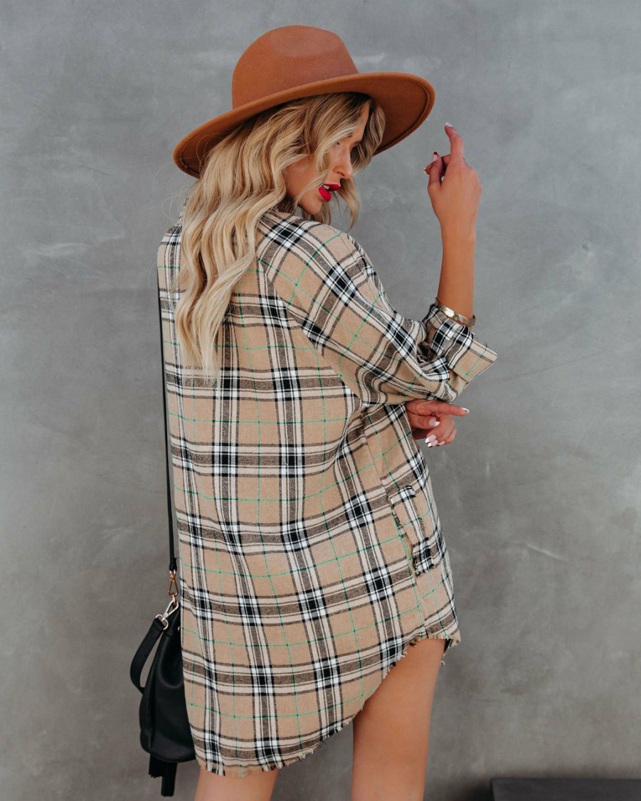 Clothing * | Aaka-001 Tucker Cotton Blend Pocketed Plaid Button Down Tunic