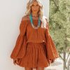 Clothing * | Lucc-001 Aflame Cotton Pocketed Off The Shoulder Mini Dress Rust The Vacation Shop