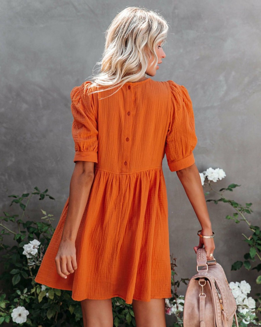 Clothing * | &Mer-001 Amber Cotton Pocketed Puff Sleeve Dress Orange All Clothing