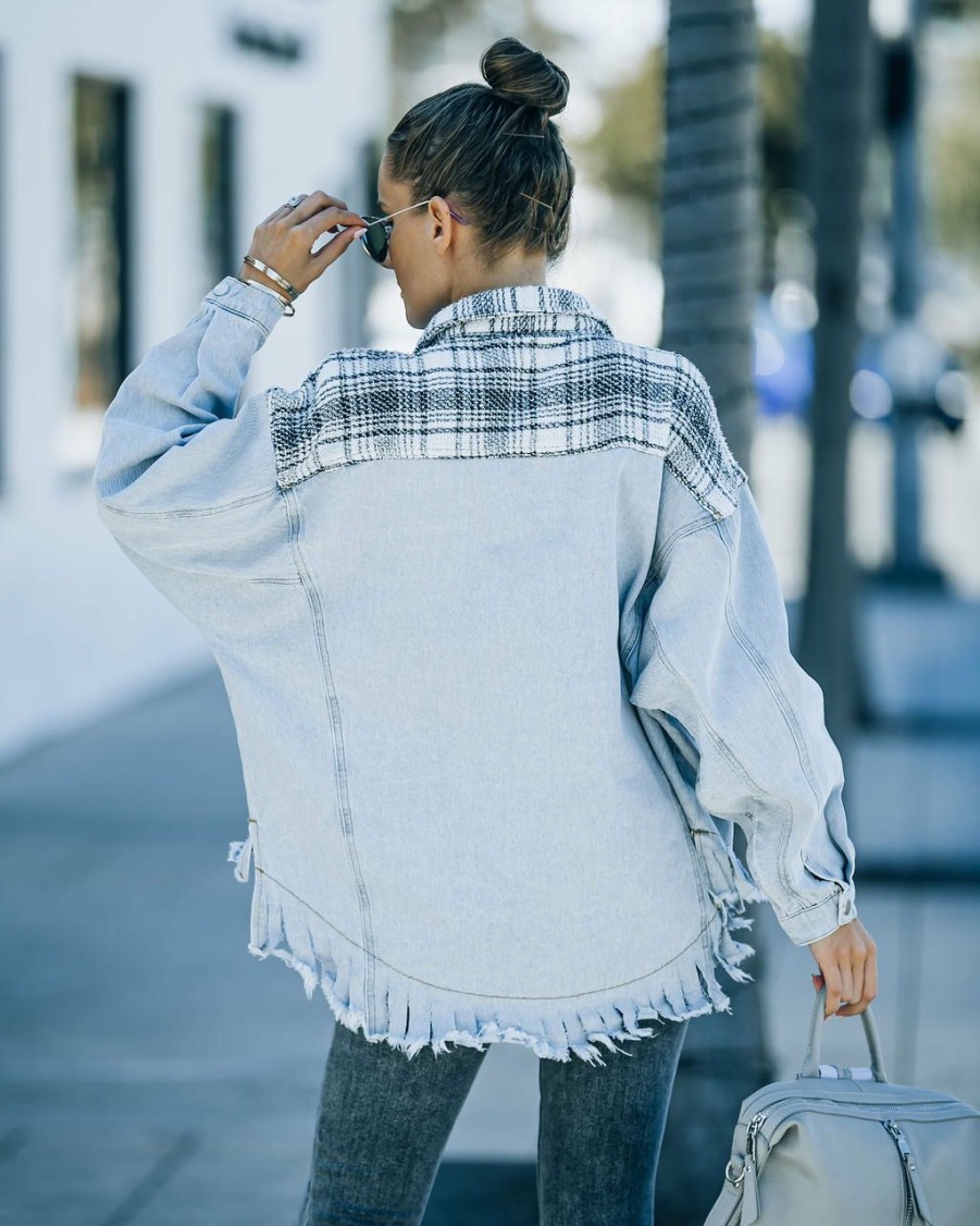 Clothing * | Danc-001 Kaylyn Contrast Plaid Frayed Denim Shacket Final Sale